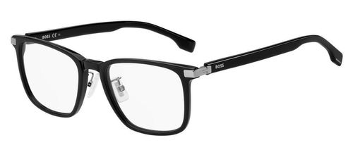 Gent's rectangular shaped acetate glasses in shiny black acetate with silver metal fixed hinges at the temple with injected BOSS logo - image view 1