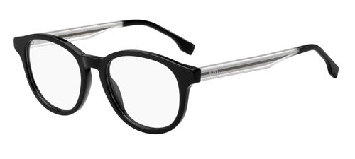 Petite ladies round shaped black acetate with sprung hinged temples supporting clear crystal arms acetate arms with the BOSS logo injected at the temples - image view 1