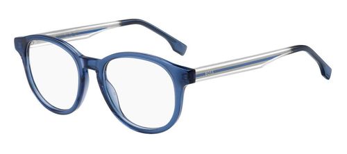 Petite ladies round shaped blue crystal acetate with sprung hinged temples supporting clear crystal arms acetate arms with the BOSS logo injected at the temples - image view 1