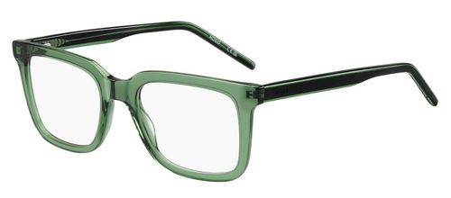 Men's crystal green and black acetate eyewear with rectangular shaped lenses and sprung hinged temples supporting black and crystal green arms - image view 1