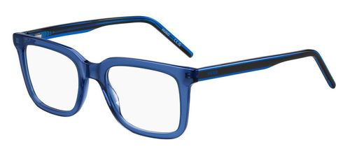 Men's crystal blue and black acetate eyewear with rectangular shaped lenses and sprung hinged temples supporting black and crystal blue arms - image view 1