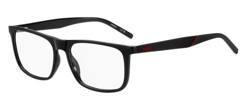Men's rectangular shaped eco-cellulose frame with sprung hinged temples supporting multi-textured arms in black with red trim - image view 1