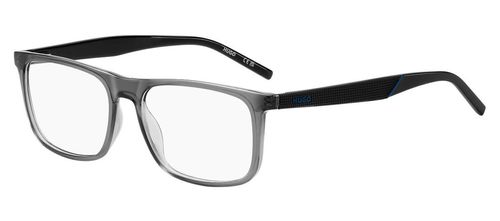 Men's rectangular shaped eco-cellulose frame with sprung hinged temples supporting multi-textured arms in crystal grey with grey trim - image view 3