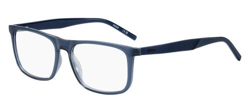 Men's rectangular shaped eco-cellulose frame with sprung hinged temples supporting multi-textured arms in crystal blue with black trim - image view 1