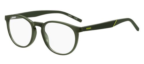 Round shaped ladies eco-cellulose frame in light crystal green with sprung hinge temples supporting multi-textured dark green arms - image view 1
