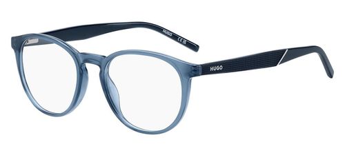 Round shaped ladies eco-cellulose frame in light crystal blue with sprung hinge temples supporting multi-textured dark blue arms - image view 1