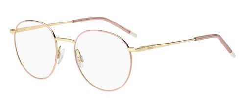 Women's round shaped stainless steel glasses in gold with pink accents to the front rim and ear tips. Sprung hinged temples for comfort and durability - image view 1