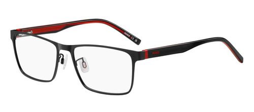 Men's rectangular shaped stainless steel frame with eco-friendly polyamide temples with sprung hinges supporting black and red polyamide arms - image view 1