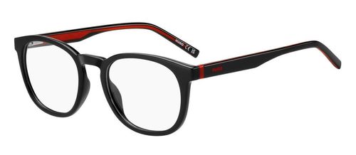 Unisex round shaped eco-cellulose black glasses with red accents and red and black arms supported by sprung hinged temples - image view 1