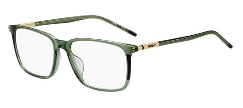 Unisex crystal green acetate with gold metal sprung hinged temples with integrated Hugo logo and cylindrical arms - image view 1